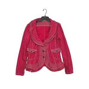 Stefanel Red White Striped Ruffle Jacket Size 12 Large Button Front 100% Cotton